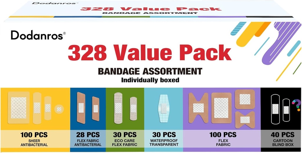 Variedad Bandages Pack,328ct Amplio surtido de varios tamaños, formas y características  durable Sheer & Flex Fabric with Benzalkonium, ECO Bamboo Fabric, Waterproof, Cartoon Blind Box Fragrance Bandages