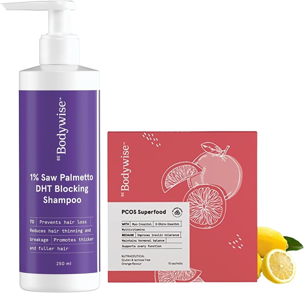 Metrol Be Bodywise PCOS Superfood 15 Sachets y 1% Saw Palmetto DHT Blocking Shampoo for Women 250 ml TEN 100% Vegetarian ANTE Paraben &amp; Sulfate Free TEN No Side Effects