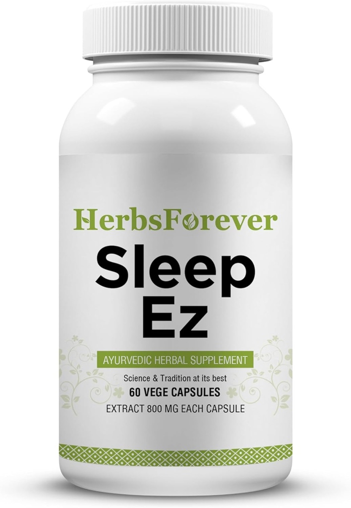 Herbsforever Sleep Ez (Sleep Ease) (Ayurvedic Herbal Formulation) para la relajación de la mente, el cuerpo y la asistencia del patrón de sueño feliz, 60 cápsulas de vegeta, 800 mg cada extracto concentrado