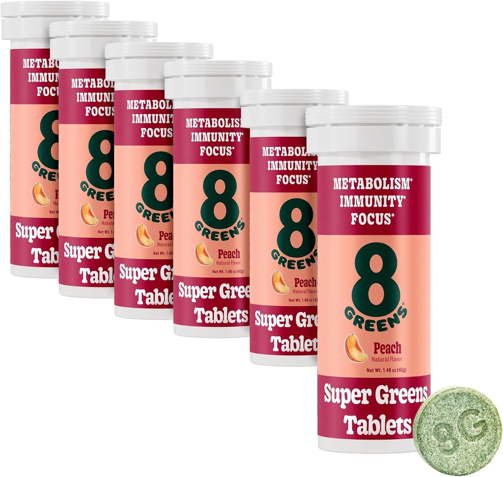 8Greens Supergreens Tablets ◾ Super Greens Powder Superfood, Metabolism Immunity & Focus, Daily Greens Effervescent Tablets, Organic: Aloe Vera, Spirulina, Chlorella, Peach, Tube 60 Servings.