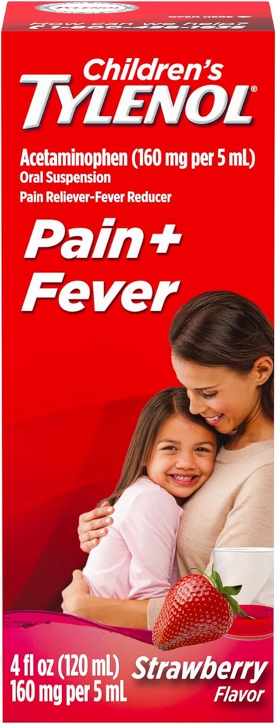 Medicina de la Suspensión Oral de Tylenol para niños, Relieve de Dolor de Medicamento Líquido para niños &amp; Reductor de fiebre para los síntomas de la fiebre + gripe, Aspirina-, Ibuprofeno- " Alcohol- Libre, Fresa, 4 fl. oz