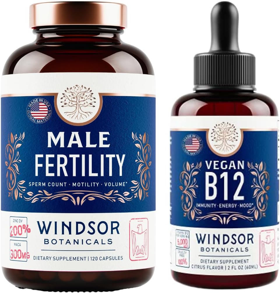 WINDSOR BOTANICALS Vegan Vitamin B12 and Male Fertility Supplement with Maca Root - Energy and Fertility Bundle