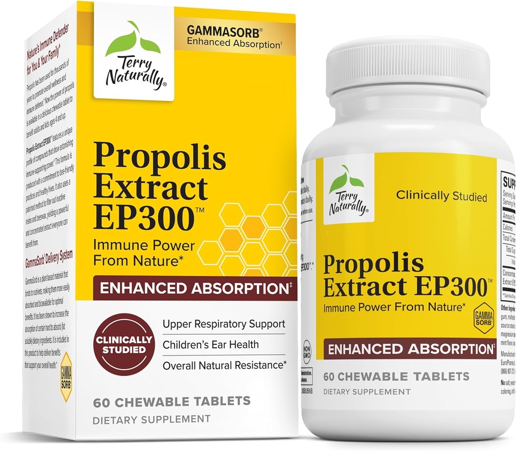 Terry Naturalmente Propolis Extracto EP300 - Alto respiratorio &amp; Sistema de apoyo Suplemento - No GMO con Bee Propolis Extracto - Suplemento Niño &amp; Adulto - 60 Tablas Chewable
