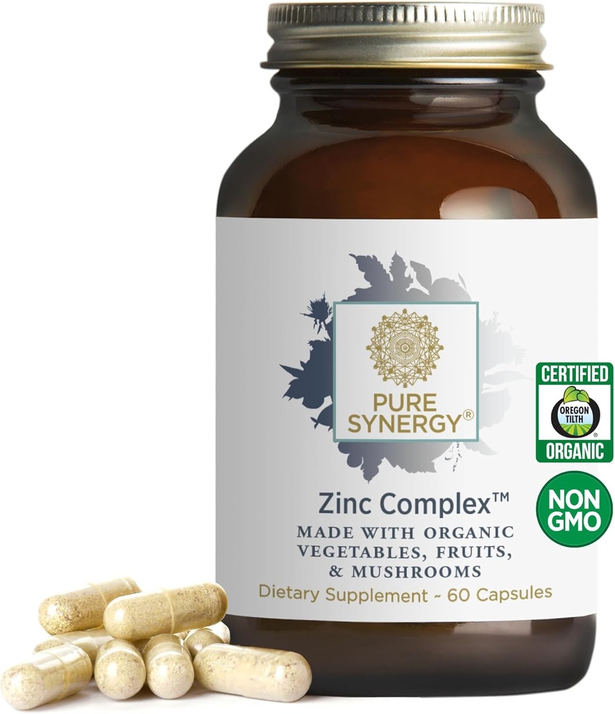 PURE SYNERGY Zinc Complex | Immune Support Supplement | Natural, Vegan Zinc Complex with Vitamin C and Organic Whole Foods | for Immune, Brain, and Skin Health (60 Capsules)