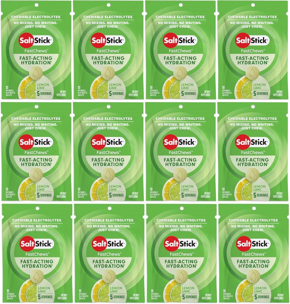 SaltStick Electrolyte FastChews Tablas Chewable, Limo de limón, 120 cuenta, 12 paquetes de 10 tabletas cada uno