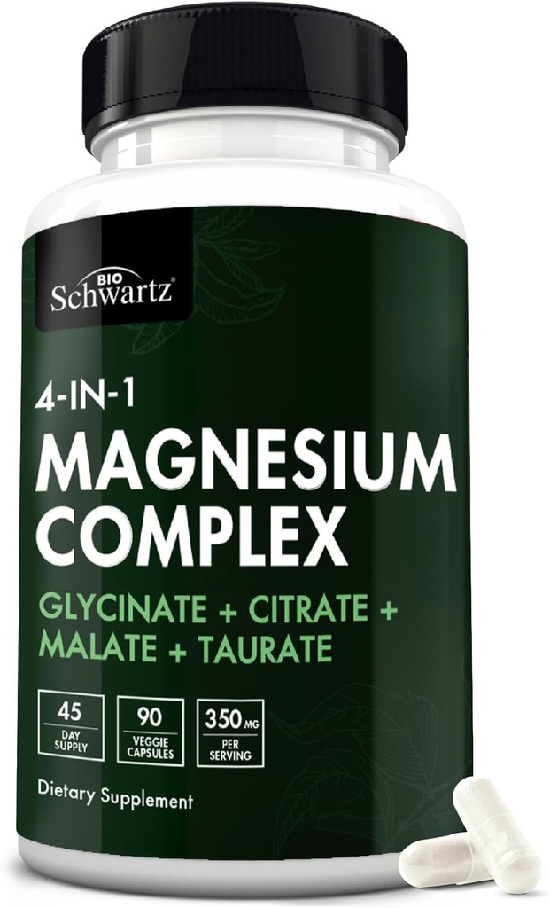 BioSchwartz Magnesium Complex Supplement (90 Capsules) 350mg Magnesium Glycinate Citrate Malate and Taurate Por Serving for Healthy Nerves Muscles Heart Sleep Support (Vegan, Gluten-Free, Non-GMO)