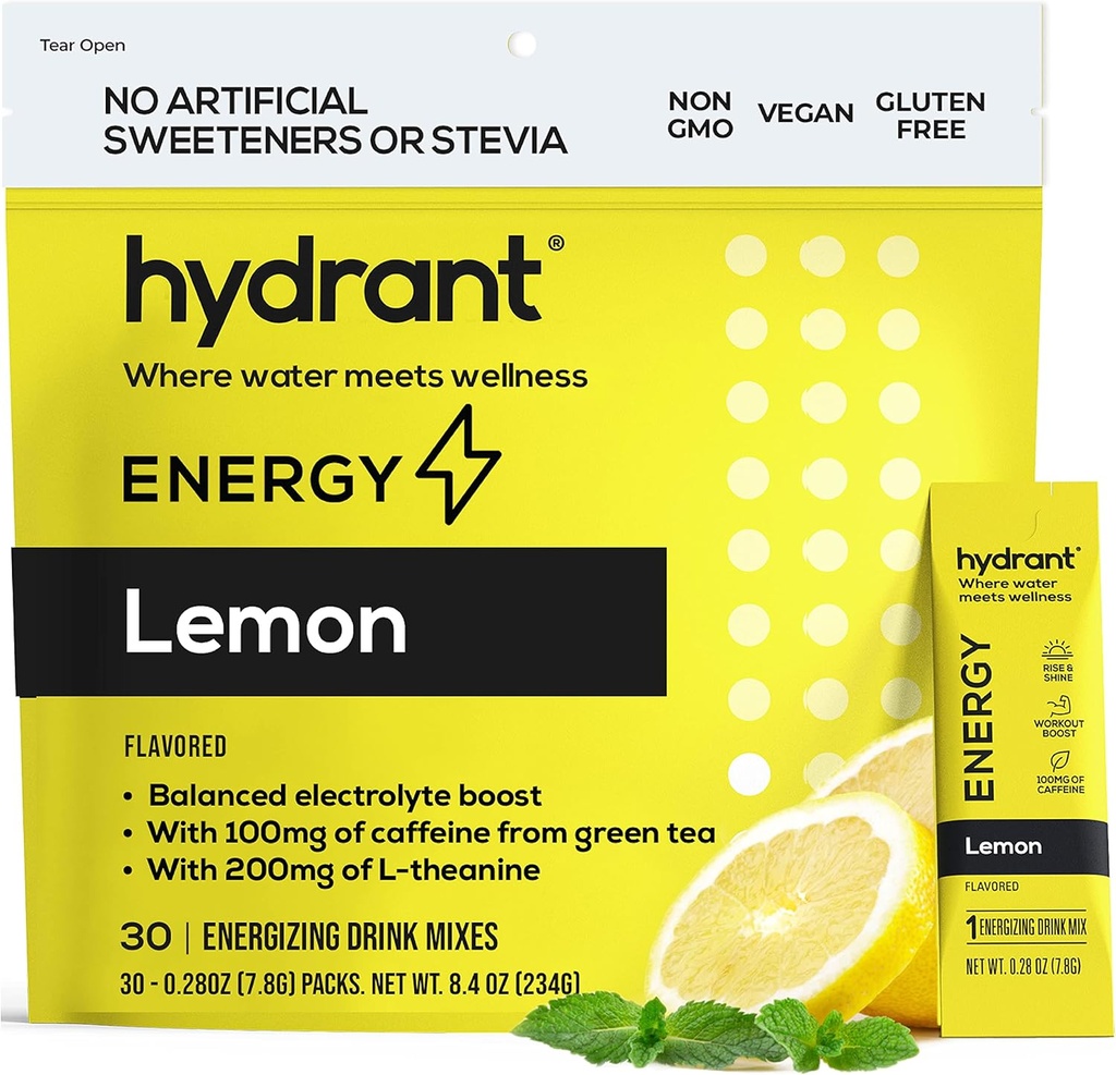 HYDRANT Energy Lemon Flavor 30 Stick Pack, Caffeine & L-Theanine Rapid Hydration Mix, Electrolyte Hydration Powder Packets con Zinc