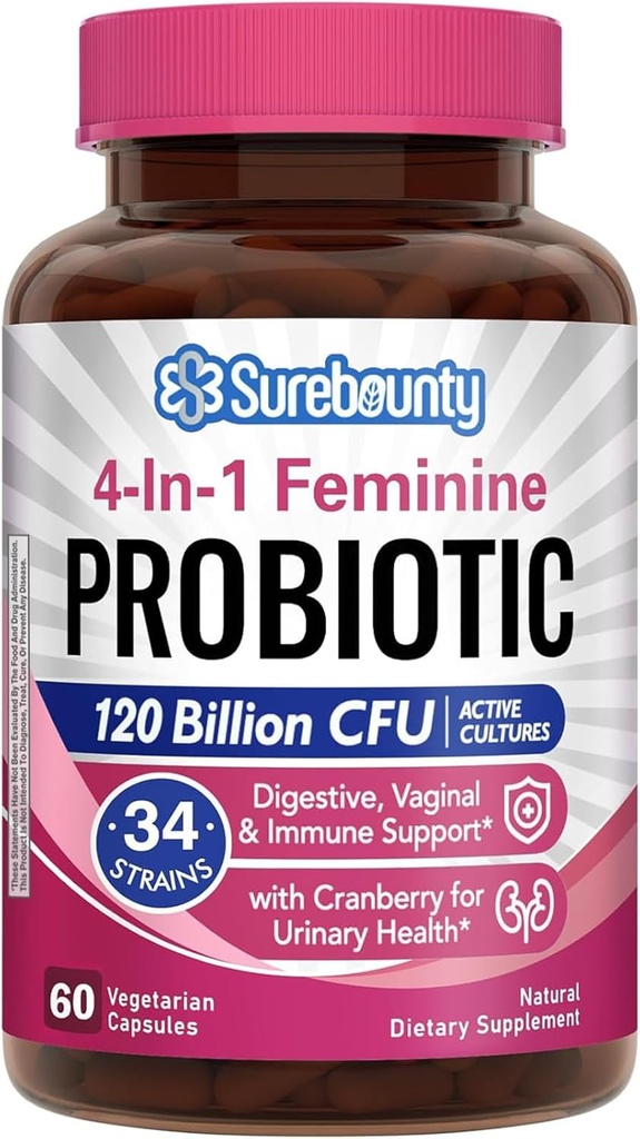 Probióticos para Mujeres, 120 Billones CFU 34 Strains, Prebióticos, Enzimas Digestivos, Arándano, Probiótico Femenino 4-en-1, Digestivo, Vaginal, Apoyo Inmunitario, 60ct