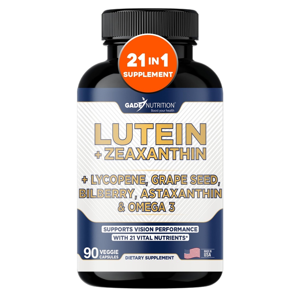 Gade Nutrition Lutein and Zeaxanthin Supplements | Astaxanthin Eye Vitamins with Omega 3, Resveratrol, Bilberry, Lycopene, Quercetin, Ginkgo Biloba, Vitamin D and More Eye Care Vitamins and Minerals