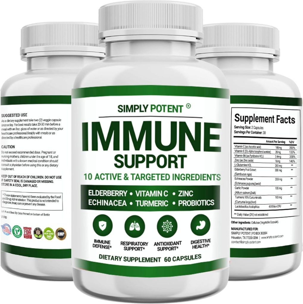 Suplemento de Apoyo Inmunitario, 10 en 1 Booster Inmunity Blend of Elderberry, Vitamina C, Zinc, Echinacea, Turmeric, Probiotics & Antioxidants for Immune Defense, Respiratory " Digestive Health, 60 Pills