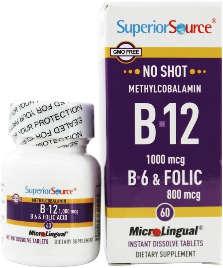 Fuente superior - No Shot B12 Methylcobalamin 1000 mcg con B6 &amp; Folic Acid 800 mcg. - 60 Quick Dissolve Tablets