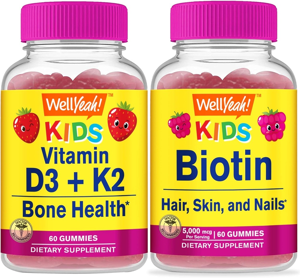 BuenoSí Vitamina D3+K2 Niños + Biotina Niños, Gummies Bundle - Gran Tasting, Suplemento de Vitamina, Gluten Gratis, GMO Gratis, Chewable Gummy
