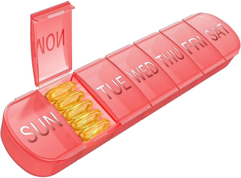 Organizador semanal de píldoras 1 vez al día, caja de píldoras de viaje 7 días Compartimientos extra grandes Vitamina Holder, Contenedor diario de píldoras 7 días dispensador de medicina XL para caso de aceite de pescado (Red)