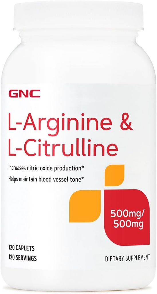 GNC L Arginine + L Citrulline 500mg Each Supplement, Supports Nitric Oxide Production and Healthy Blood Vessel Tone, 120 Servings