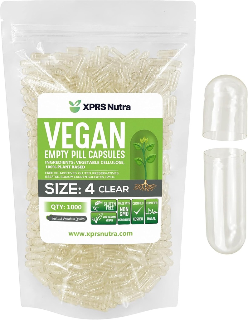 XPRS Nutra Size 4 Empty Capsules - 1000 Count Small Clear Empty Vegan Capsules- Vegetarian Pills - DIY Vegetable Capsule Filling - Fillable Do-It-Yourself Veggie Caps for Supplements