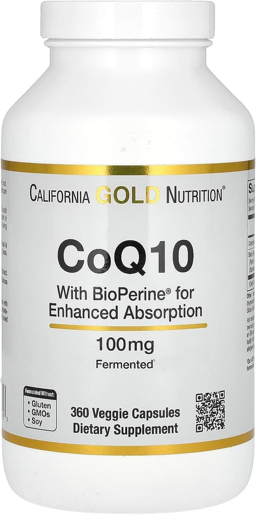 CoQ10 100 mg, Coenzyme Q10 Ubiquinone USP with Bioperine Black Pepper for Enhanced Absorption, Supports Mitocondrial Function*, 360 Veggie Capsules