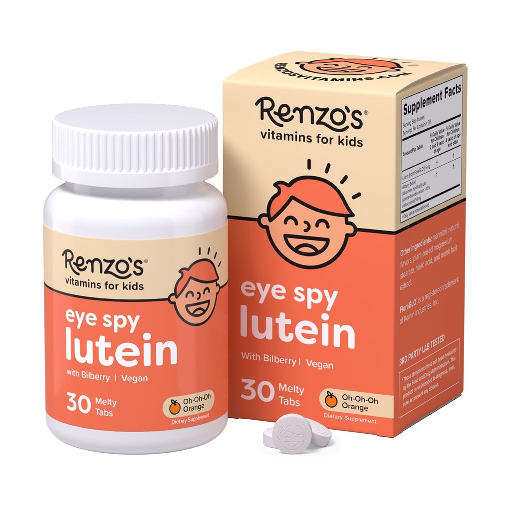 Luteina de especias oculares de Renzo con extracto de arándanos, vitaminas disoluvables para la salud ocular, suplementos sin azúcar, 30 pestañas de color naranja