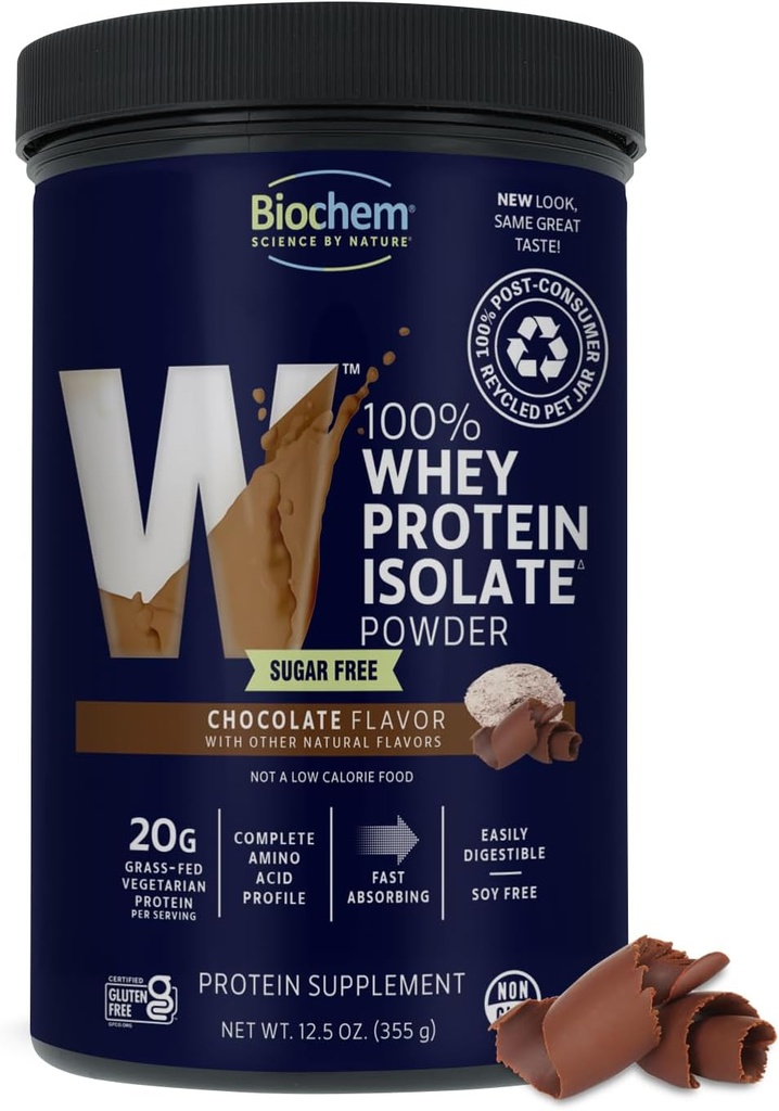 Biochem 100% Whey Chocolate sin azúcar 20g, 12.5oz, Vegetariano certificado, Gluten certificado gratis, no GMO certificado, Keto Friendly, Grass-Fed