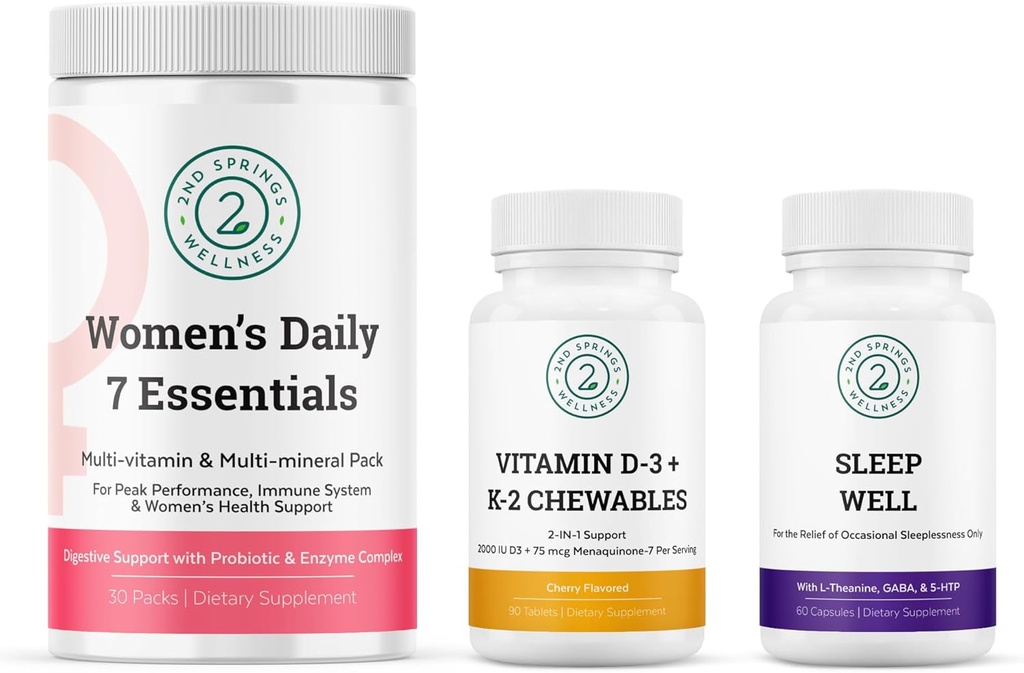 Mujeres Diario 7 Esenciales, Vitamina D3 + K2 Chewables & Sleep Well Bundle