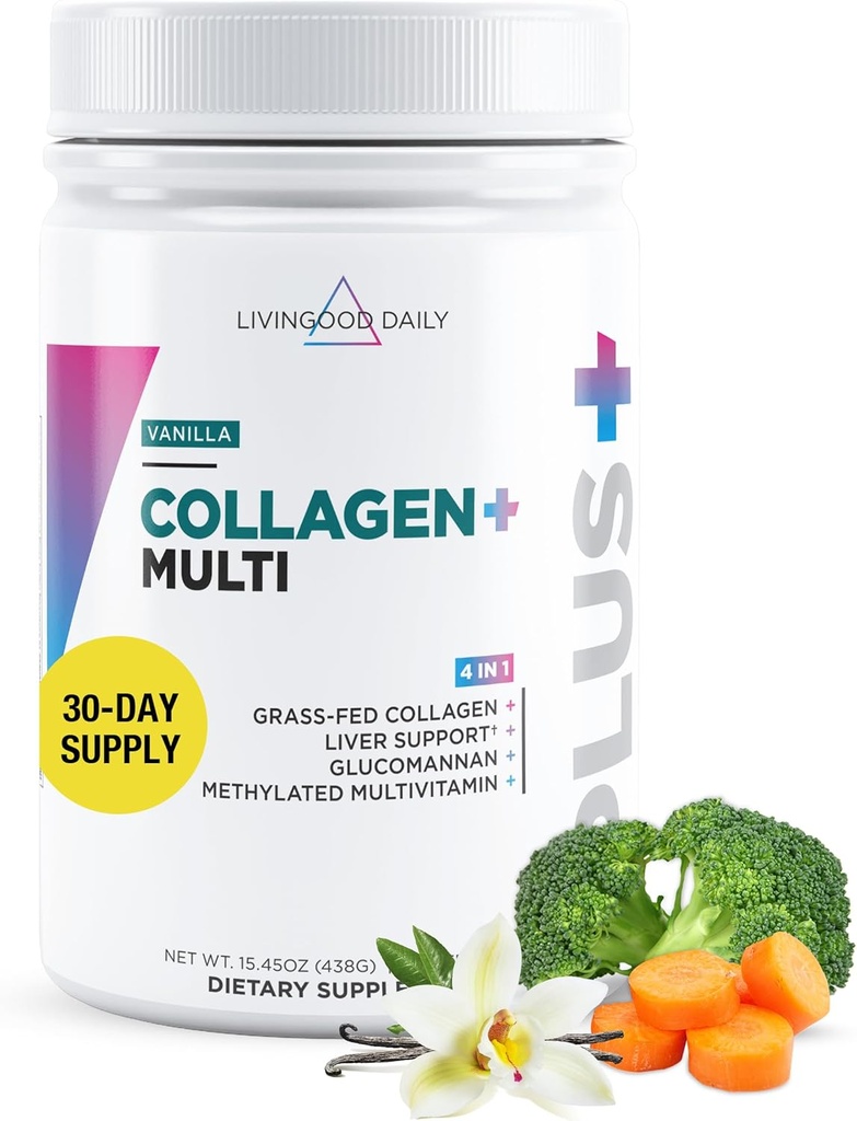 Livingood Daily Collagen Powder for Women and Men, Vanilla, Grass Fed Protein, Hydrolyzed Collagen Peptides with Vitamin C & Multi Vitamins for Hair, Skin, Nail & Gut Health, Gluten Free, 30 Servings