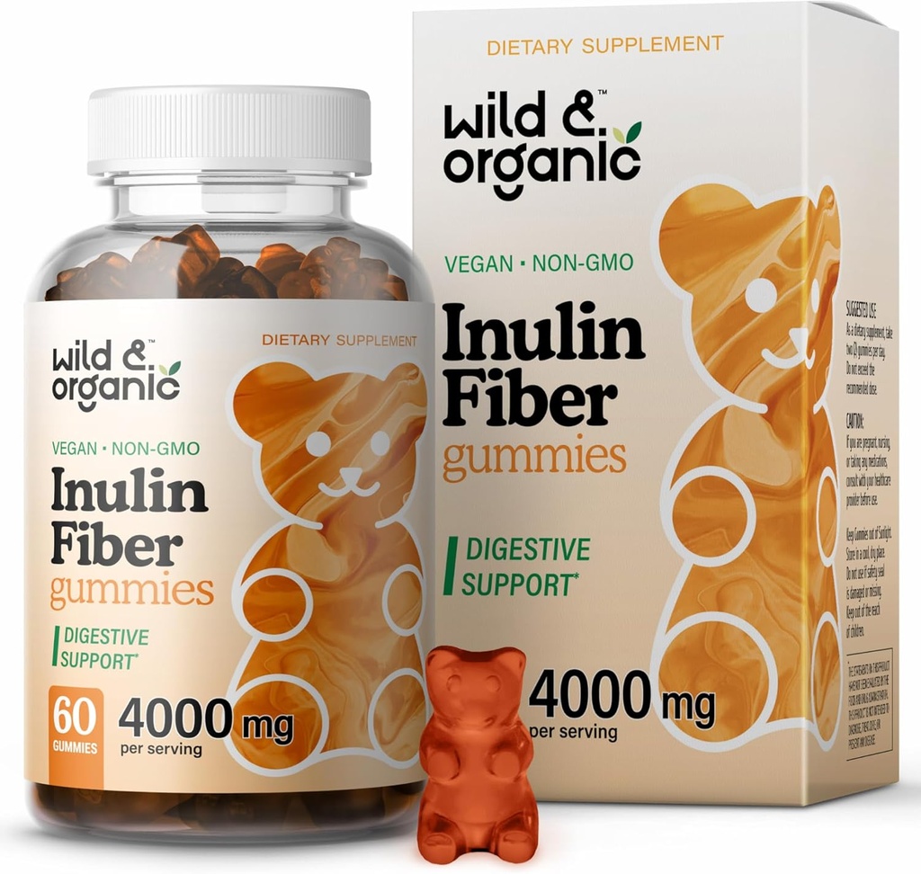 Wild & Organic Inulin Fiber Gummies 4000mg - Soporte Digestivo w/Chicory Root - Soluble Fiber Supplement w/Inulin Powder - Prebiotics for Gut Support - 60 Prebiotic Gummies