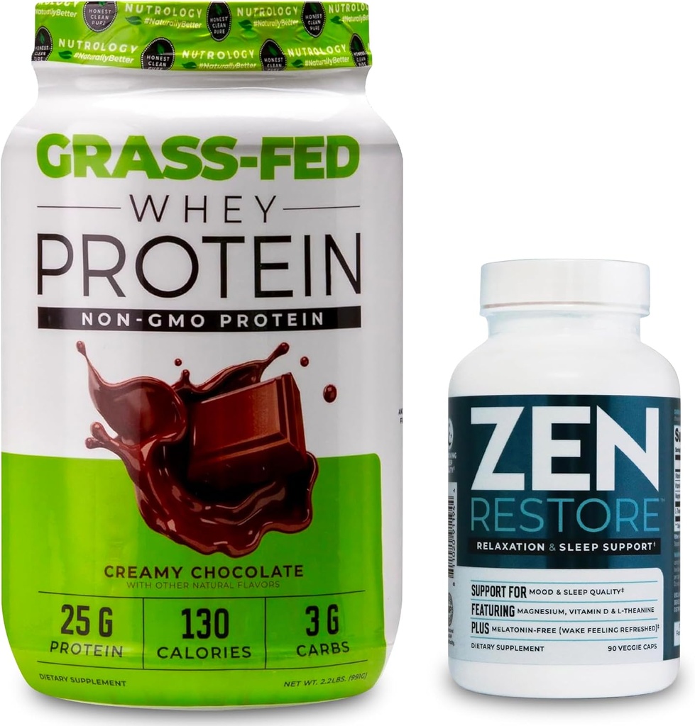 Nutrology Grass Fed Whey Protein Powder, soporta Lean Muscle Recovery & Performance, Creamy Chocolate Flavor (28 Servings) Zen Natural Magnesium Supplement (30 Servings)