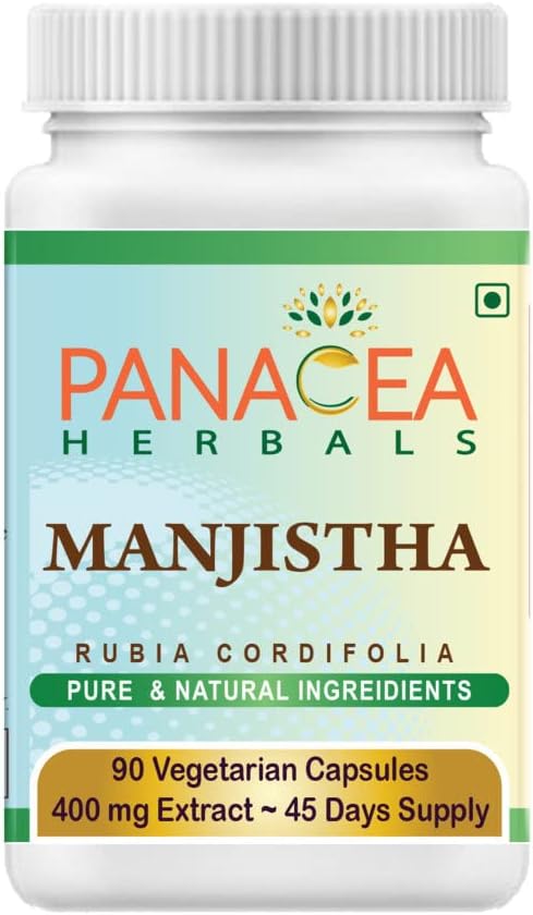 Panacea Herbals Manjistha Capsules (90 Veg Caps 400mg Extracto) Rubia Cordifolia, India Madder for Glowing Skin Complexion. Gluten Free Lactose Free GMO Suplemento dietético herbal puro gratis.