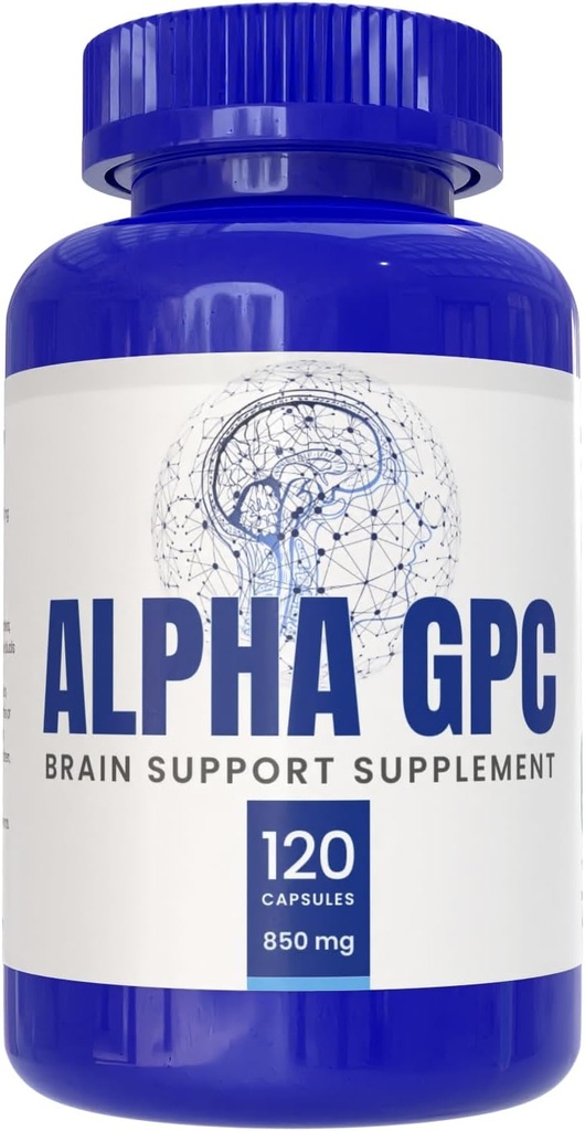 Suplemento alfa GPC, 120 cápsulas, 850 mg de servicio, ayuda de apoyo cerebral que apoya el enfoque, la memoria y la energía, hecho en los EE.UU.