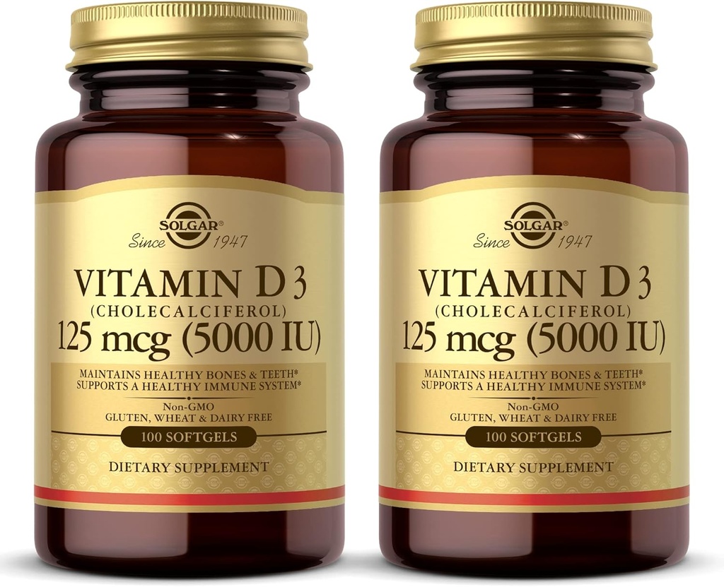Solgar Vitamina D3 (Cholecalciferol) 10 mcg (400 UI) - 100 Softgels, Pack de 2 - Ayuda a mantener los huesos saludables " dientes - Apoyo al sistema inmunológico - No GMO, Gluten Free, Dairy Free - 200 Total Servings