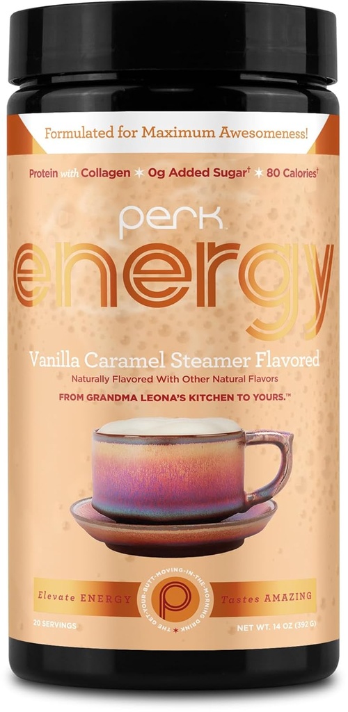 Perk Energy Original Vanilla Caramel Steamer Flavored Drink Powder (20 Servings) - Sin gluten, sin maní