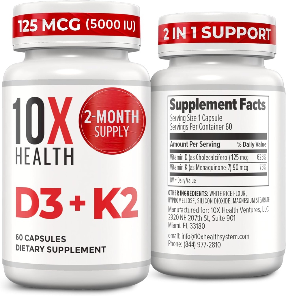 10X Health Vitamin D3 5000 UI & K2 MK7 - Menaquinone 7, High-Potency D3 K2 Vitamin Supplement for Bone Health, Heart and Teeth - 125 mcg Vitamina D & 90 mcg Vitamina K2-60 cápsulas