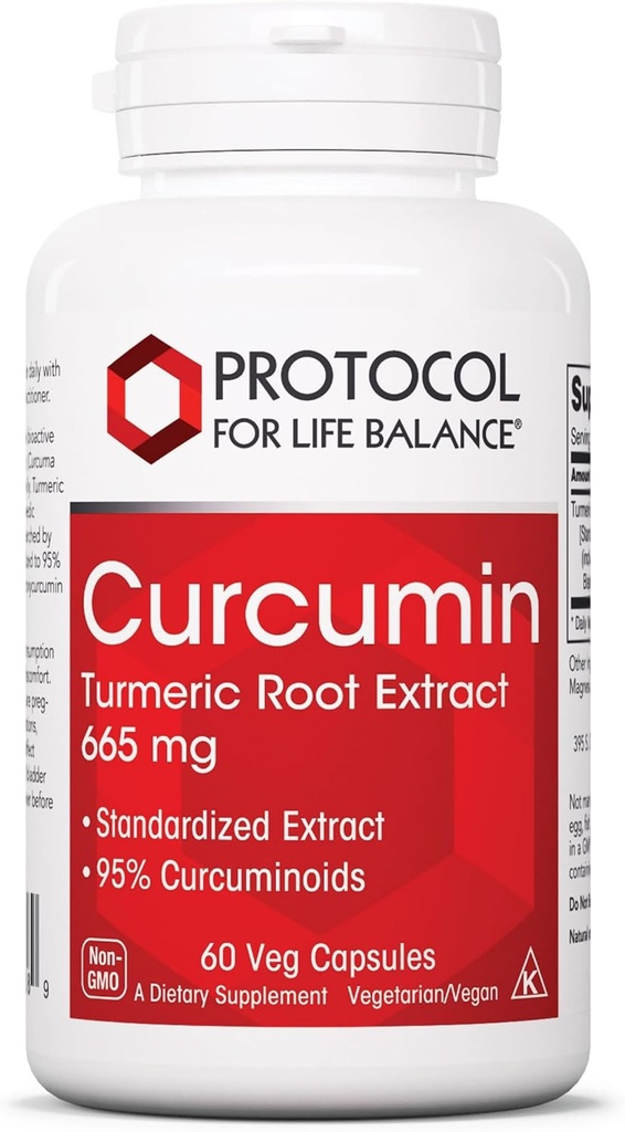 PROTOCOLO PARA LA VIDA BALANCE Curcumin Turmeric Root Extract - 95% Curcuminoides estandarizados - 665 mg Curcumin - Curcumin Turmeric Supplement - Non-GMO & Kosher - 60 Veg Capsules