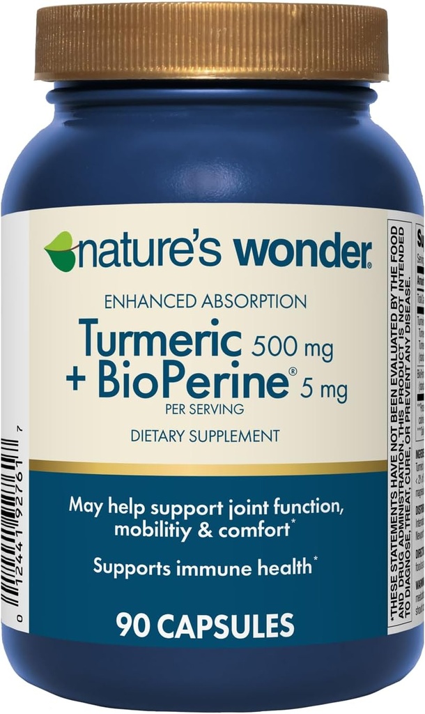 Nature's Wonder Turmeric Supplement with BioPerine - Enhanced Absorption Turmeric Complex 500mg with BioPerine 5mg for Joint Function, Mobility, and Comfort, 90 Vegetarian Turmeric Capsules