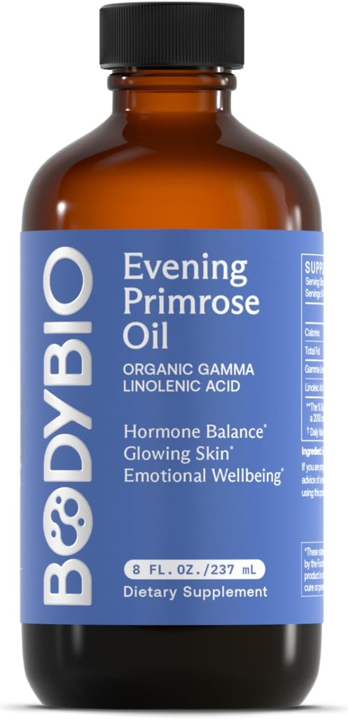 BodyBio Evening Primrose Oil - Natural Gamma Linolenic Acid for Healthy Skin &amp; Hormone Balance - Non-GMO, Cold Pressed - 8oz