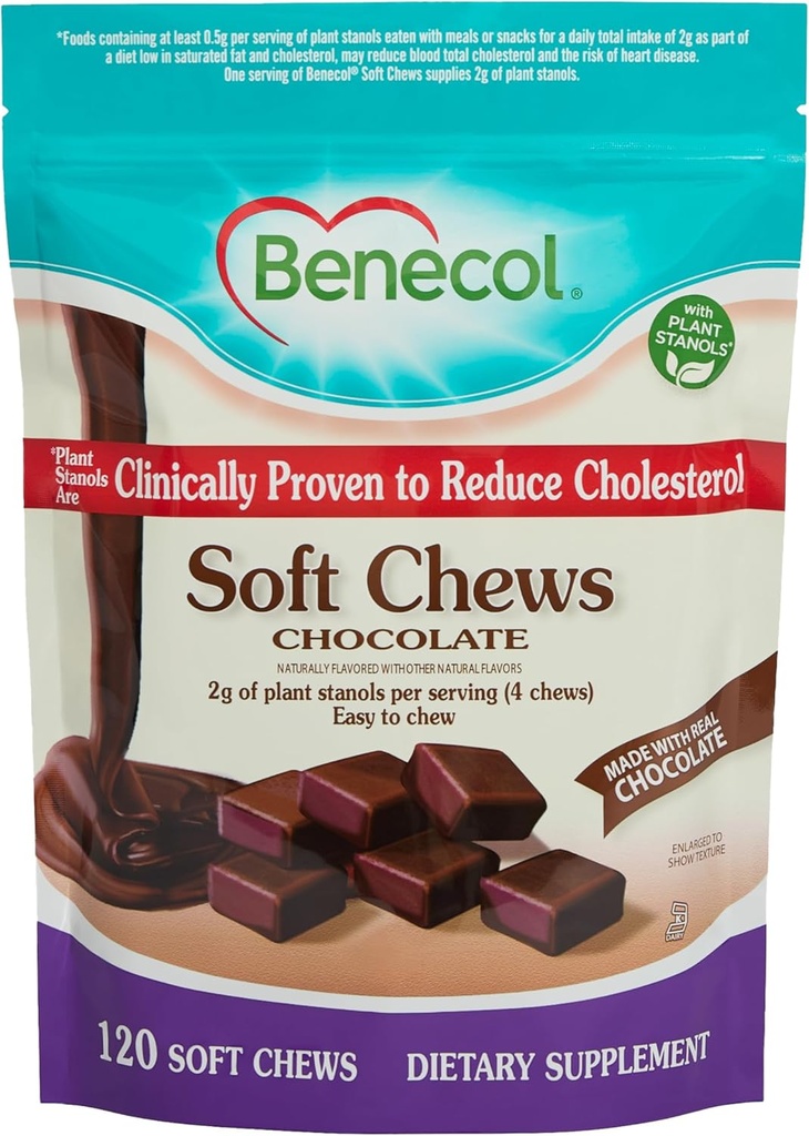 Benecol® Soft Chews - Hecho con establos de plantas de tratamiento del colesterol clínicamente probados - Suplemento de gestión del colesterol (120 Chews de chocolate)