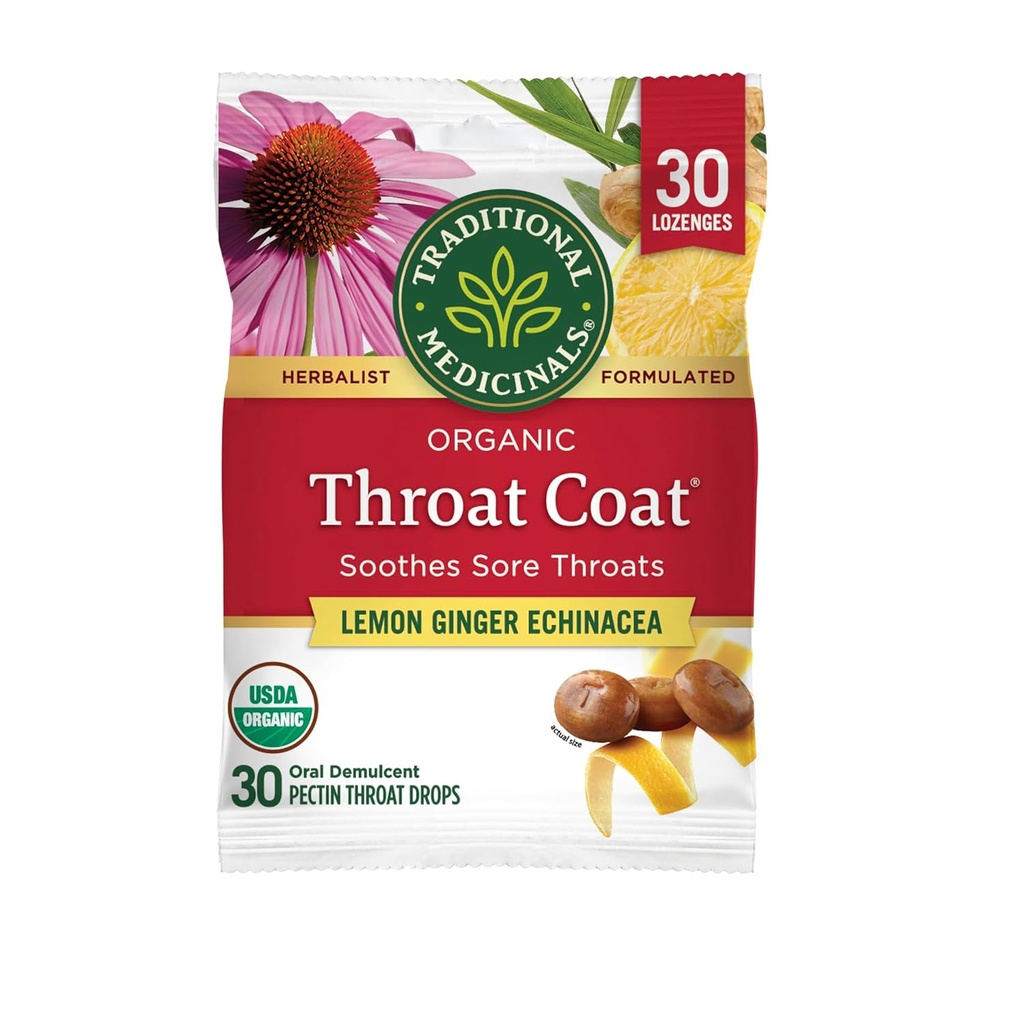Traditional Medicinals Lozenges, Organic Throat Coat Lemon Ginger Echinacea, Sore Throat Support, 30 Individually Wrapped Lozenges