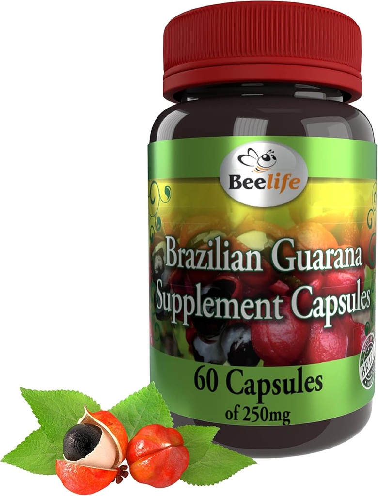 Beelife Brasileño Guaraná Capsules - Suplementos de cafeína natural de Brasil - Energía & mental, Muscle Strength Support - Zero Gluten, No Sugar Pre Workout para Hombres - 250mg 60 Caps