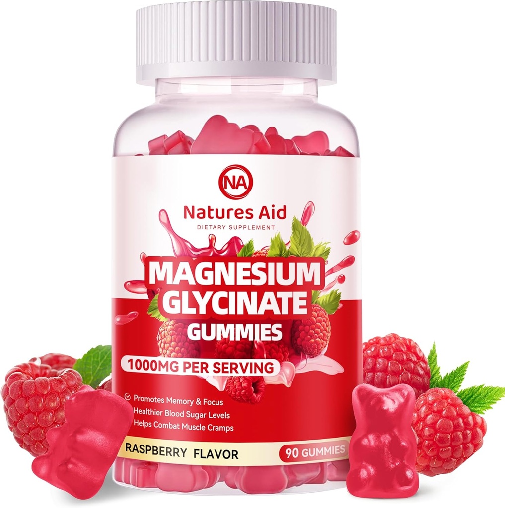 Magnesio Glycinate Gummies 1000mg - Suplemento de Potasio de Magnesio Libre de Azúcar con Vitamina D, B6, CoQ10 para calma Mood &amp; Sleep Support - 90 Raspberry Gummies.