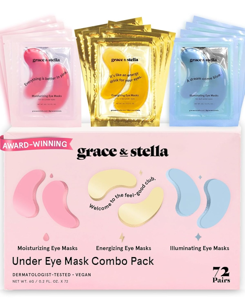 Grace &amp; stella Under Eye Mask - Reduce Dark Circles, Puffy Eyes, Undereye Bags, Wrinkles - Gel Under Eye Patches, Vegan Cruelty-Free Self Care (72 Parejas, GoldPinkBlue)