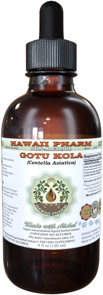 Gotu Kola Alcohol-Free Liquid Extract, Organic Gotu Kola (Centella Asiatica) Dried Leaf Glycerite Hawaii Pharm Natural Herbal Supplement 4 oz