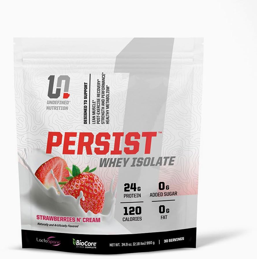 Nutrición indefinida Persist Whey Isolate by Brian Shaw - 24g Protein, 30 Servings – Supports Recovery, Strength & Performance - Gluten Free, Fast Absorbing (2.18lbs, Strawberries N' Cream)