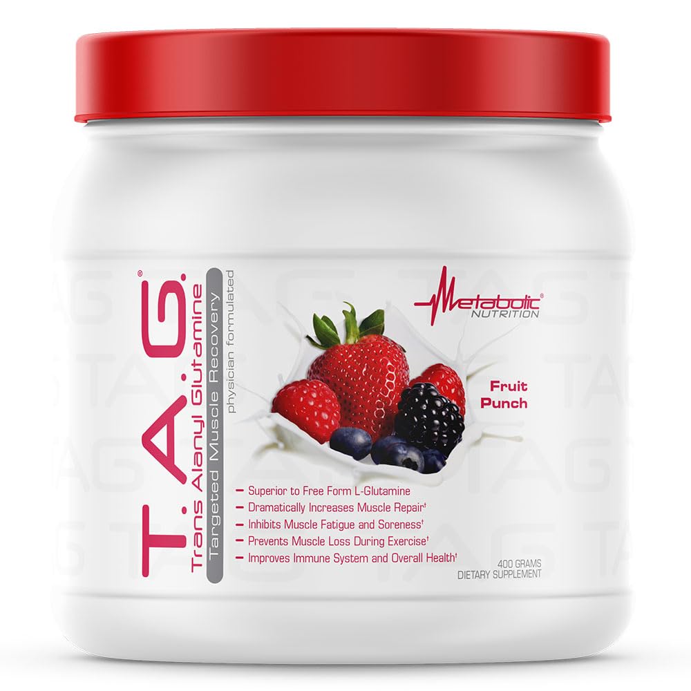 Nutrición metabólica, TAG, Glutamina de Alanyl Trans, Pólvora de Péptidos de L-Glutamina 100%, Suplemento de entrenamiento de postes intra, 400 gramos (40 servidos) (Fruit Punch)