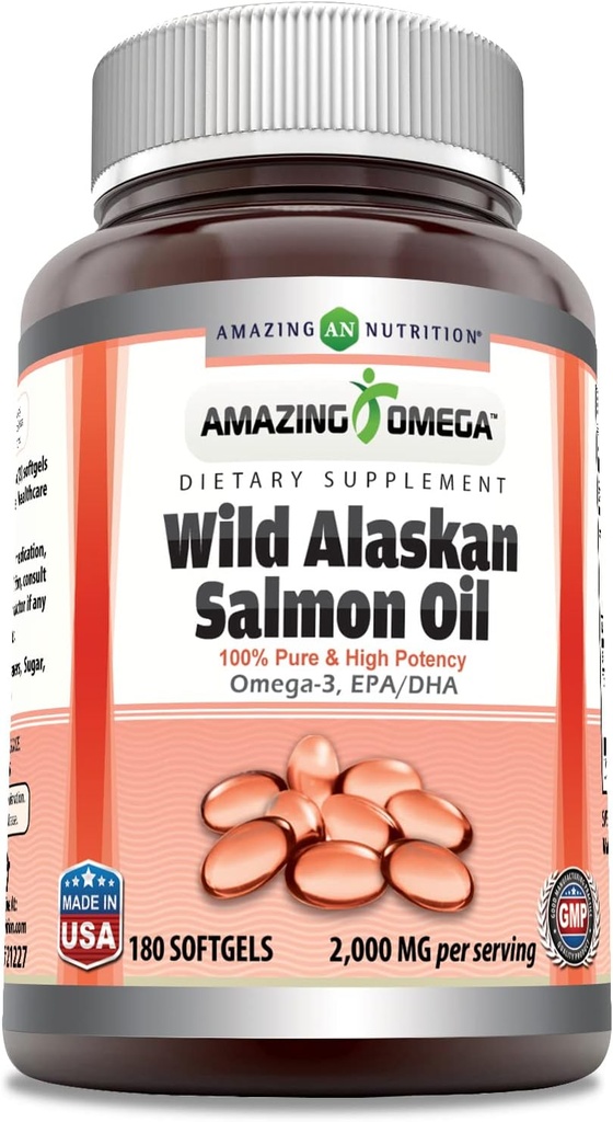 Sorprendente Omega Wild Alaskan Salmón Suplemento Óleo Silencioso 2000 Mg per Serving Silencio 180 Softgels Silencio No Gluten-Free TEN Made in USA