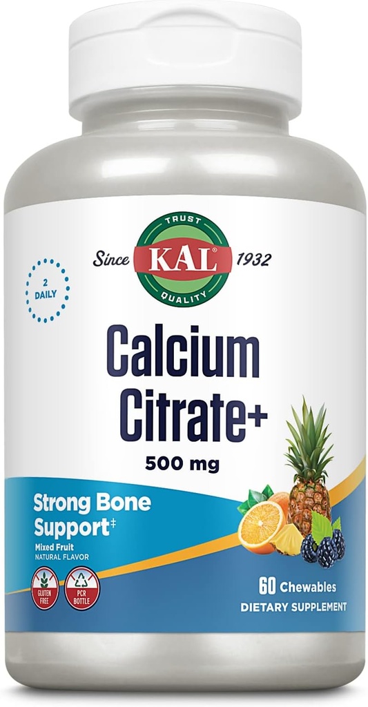 KAL Calcium Citrate Chewable Mixed Fruit Suplemento, 60 Cuenta