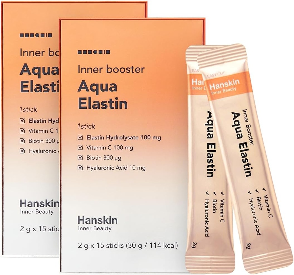 Hanskin Aqua Elastin Hyaluronic Acid Powder Packets for Hair, Skin, Wrinkles & Nails ← Biotin, Vitamina C, Hyaluronic Acid ← Suplemento nutricional para la piel sana, 2g x 30 Pegatinas individuales