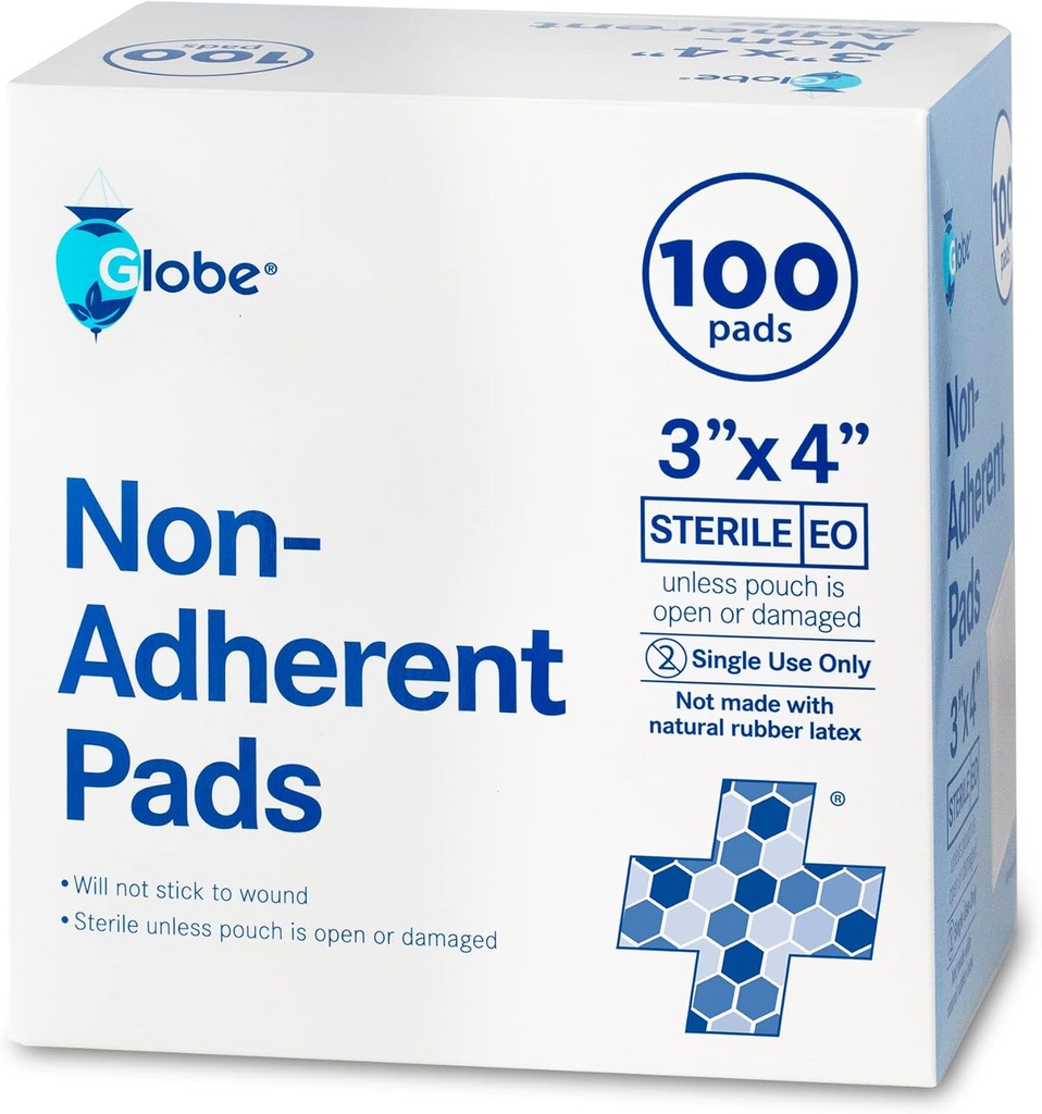 Globe Advanced Sterile Non-Adherent Pads sometidas 100-Pack, 3” x 4” duración No adhesivo Wound Dressing Todd Highly Absorbent " Non-Stick, Painless Removal-Switch imperceptible individualmente para protección extra (3 x 4)