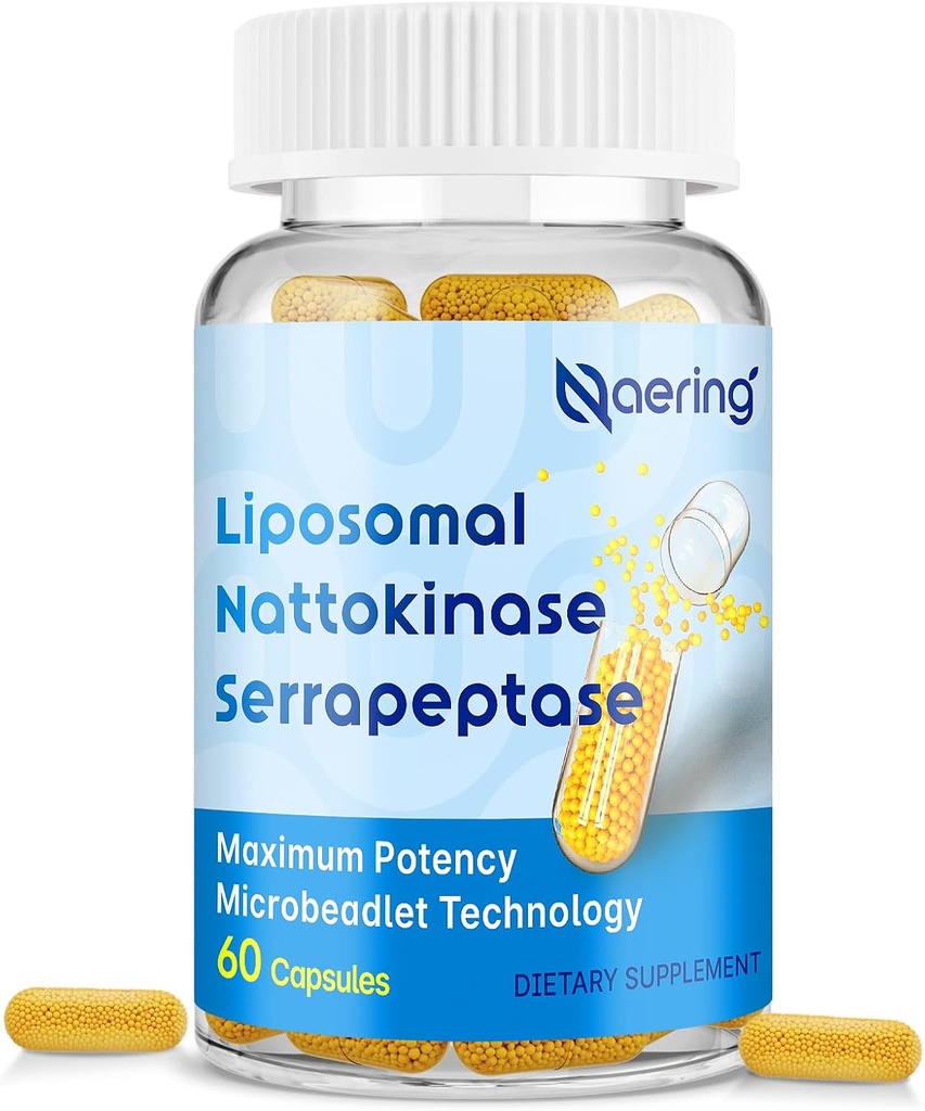 Liposomal Nattokinase 12,000 FU Serrapeptase 360,000 SPU Enzyme Supplement - Enriched with Synergistic Enzymes and Nutrient Blend & Inulin for Circulatory, Gut, Digestion 60 Capsules (1 Bottle)