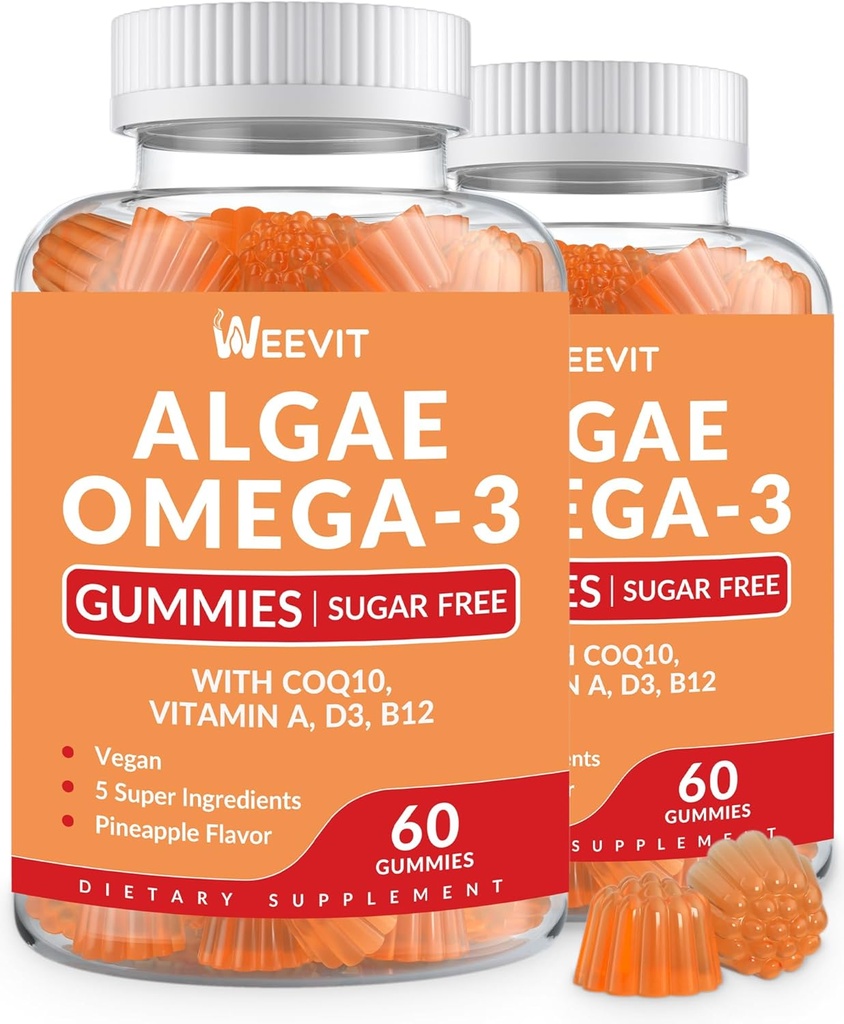 Vegan Omega 3 Gummies, Algae Omega-3 Supplement DHA 240mg, EPA 110mg w/Vitamin B12, CoQ10, Fish Oil Alternative for Adults - Brain, Bone, Eye & Immunity Support