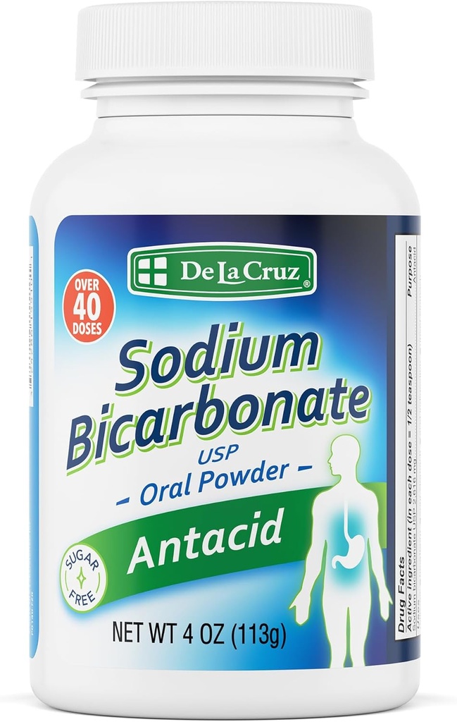 Bicarbonato de Sodio Puro De La Cruz - Bicarbonato de Grado de la USP de Soda – 100% Puro Soda Baking – Aluminio Powder libre de ácido para la indigestión de acidez cardíaca - Empaquetado en EE.UU., 4 OZ.