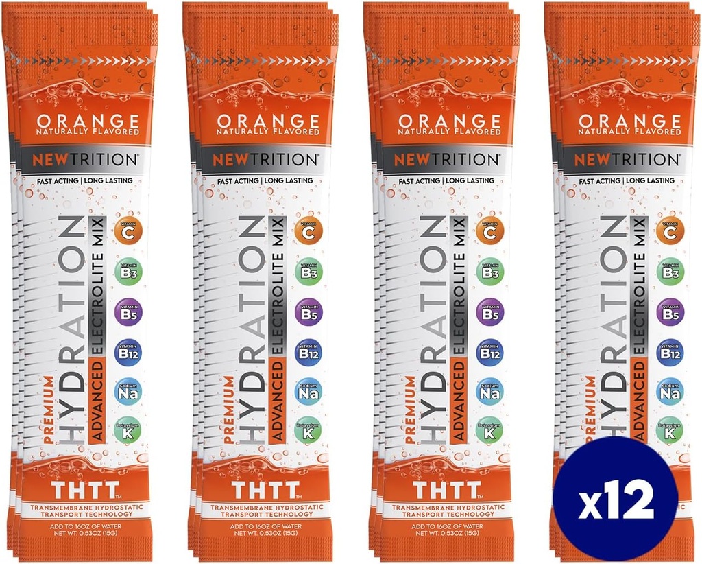 Hydration Powder, Orange Pack of 12 Electrolyte Powder Packets, Naturally Flavored Hydrating Packets for Water, Fast Acting Hydrate Electrolytes with Vitamins B & C, Energy & Recovery